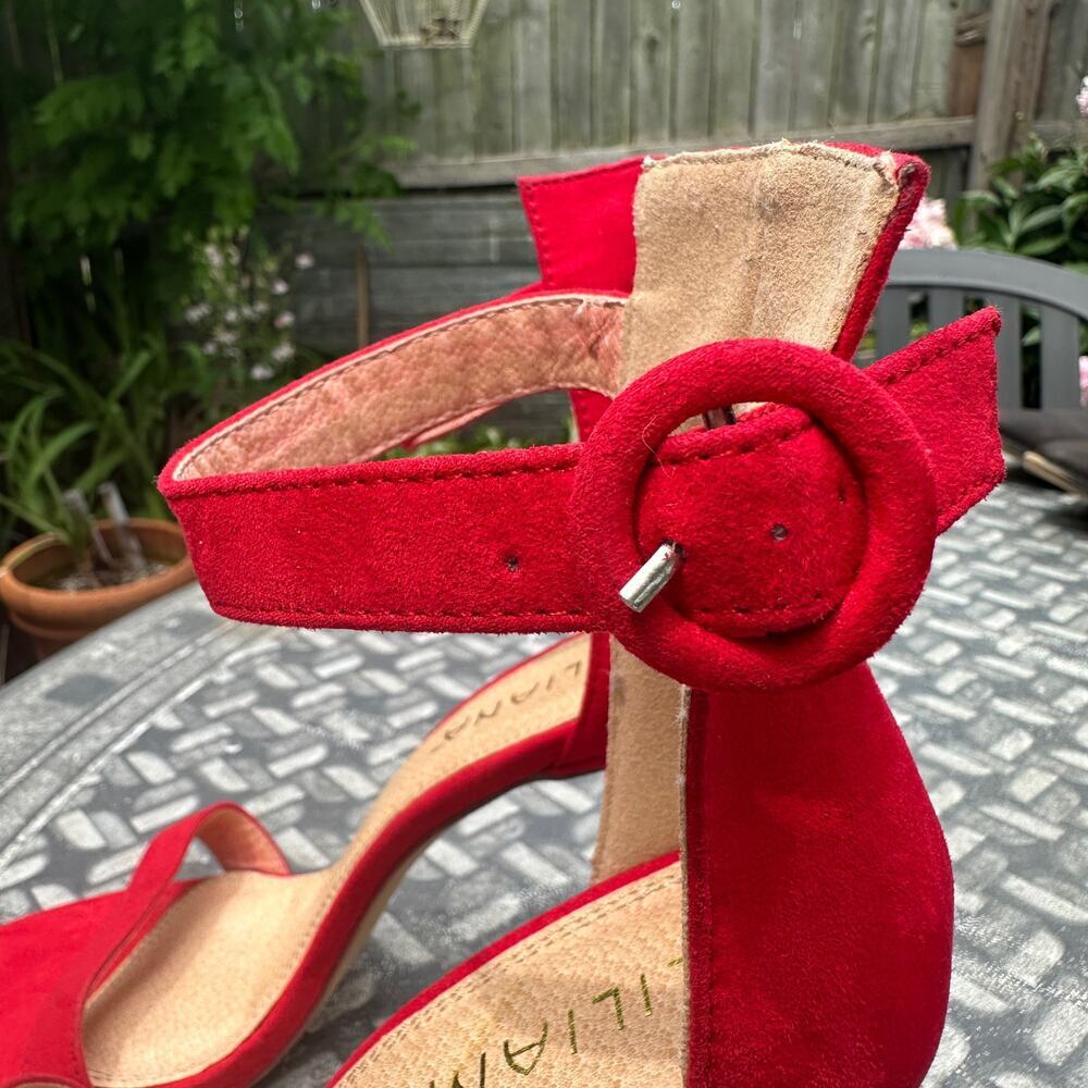 Liliana Red Open Toe Velvet Ankle Strap High Heel Sandal Pump Size 9 Stiletto - Picture 12 of 16